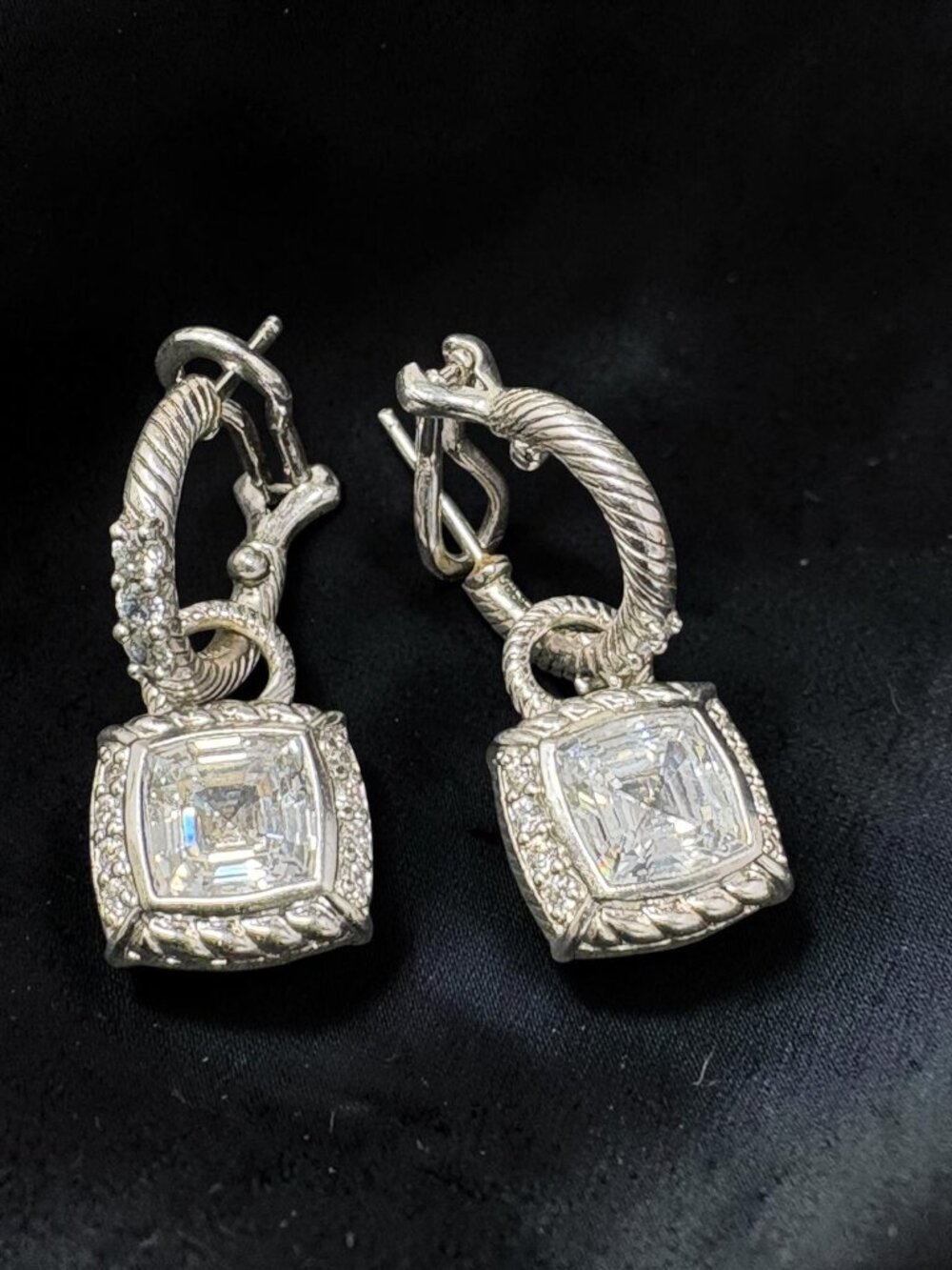 Judith Ripka 925 Sterling Asscher Cut CZ 1" Drop Convertible Omega Back Earrings